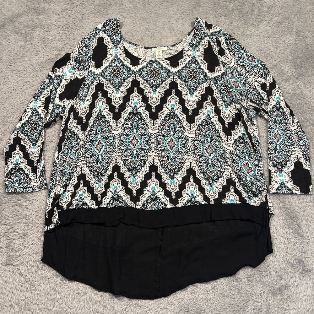 Westbound‎ Woman Tunic Blouse Medallion Paisley Split Back Black Blue Womens 2X